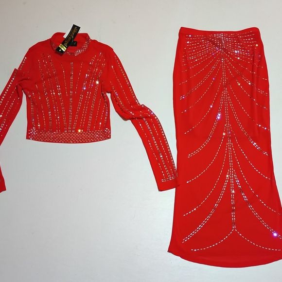 Red Two-Piece skirt Set with Rhinestone Detailing size small like an angel - Picture 1 of 4